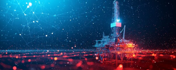 Futuristic wireframe oil rig illustration with digital network background