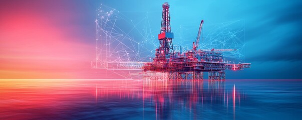 Digital wireframe illustration of offshore oil rig with vibrant colors at sunset