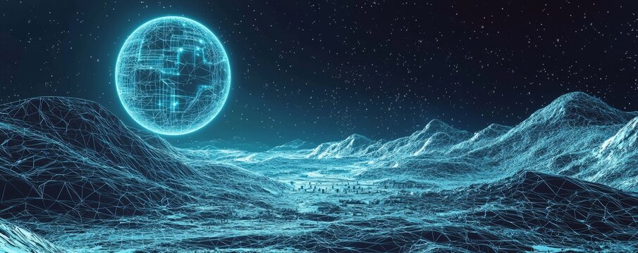Futuristic illustration of a wireframe moon base under a starry night sky
