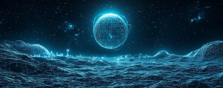Wireframe illustration of a futuristic moon base with digital landscape and sci-fi elements at night