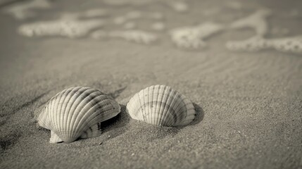 Two shells on sandy beach Desaturated