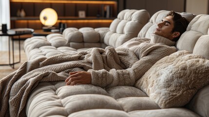 Fototapeta premium Cozy Indoor Relaxation of a Young Man in a Stylish Living Room Setting