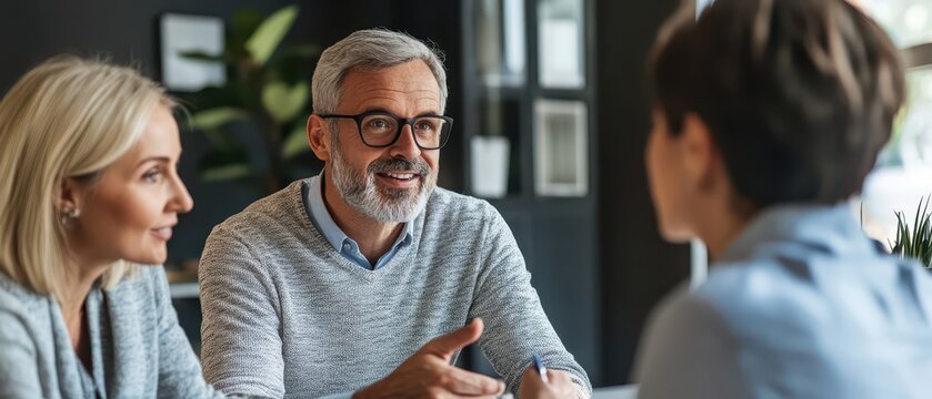 Calm broker reassuring clients over a virtual meeting, emphasizing online mortgage consultations, digital finance