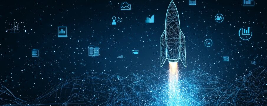 Wireframe rocket launching into a digital space with data and graphs