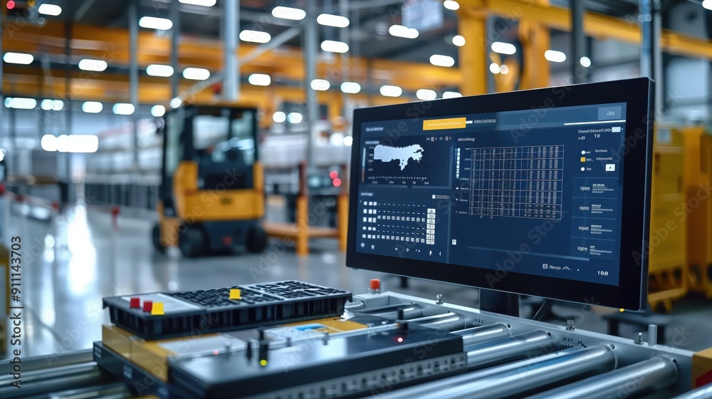 Poster modern industrial warehouse showcasing advanced logistic software on a monitor, optimizing operation