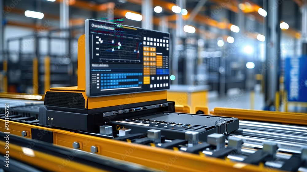 Poster automated production line with logistic software. automated production line featuring logistic softw