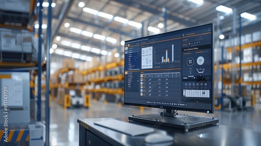 Poster warehouse inventory control using logistic software. warehouse setting with logistic software on a m