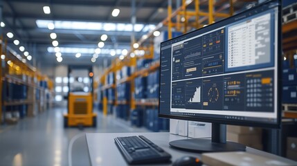 Warehouse environment featuring logistic software on a monitor with data visualization tools for efficient inventory and operations management.