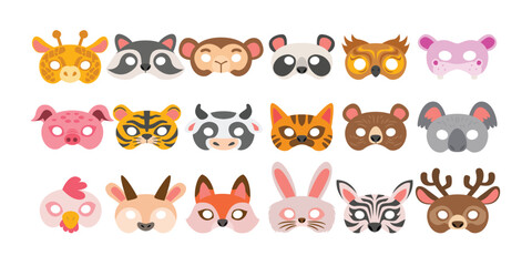 Set of animal mask set collection, Photo booth props of beasts face masks, wild and domestic animals head for party masquerade, Cartoon animal carnival party masks. Festival holiday or birthday.