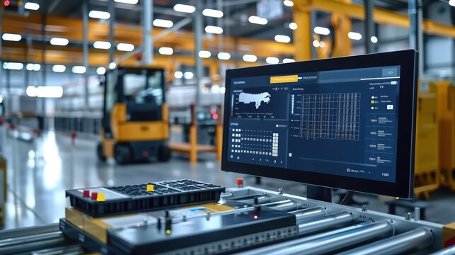Modern industrial warehouse showcasing advanced logistic software on a monitor, optimizing operations with automation and data analytics.