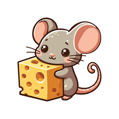 Cute Cartoon Mouse Character Eating Cheese, Happy Mouse with Cheese, Playful Mouse Enjoying Delicious Cheese