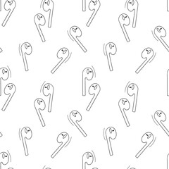 Seamless black and white pattern of wireless headphones. Music and audio technology. Airpods.   Hand drawn, doodle style. Bluetooth.