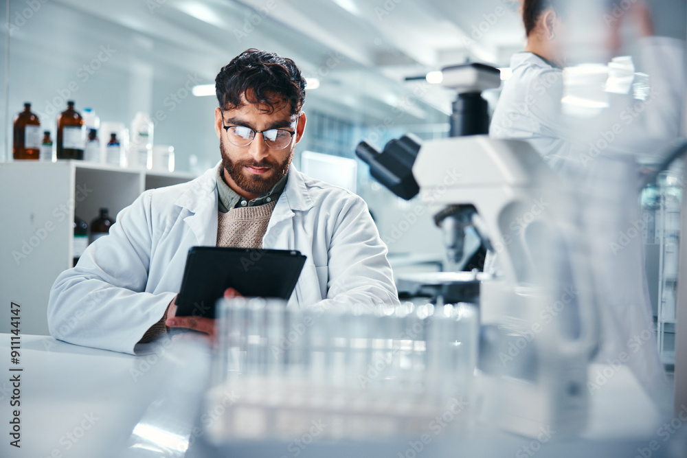 Poster Man, scientist and healthcare with tablet in lab for microscope research, medical data and science information. Person, researcher and digital for study feedback, vaccine solution and biotechnology