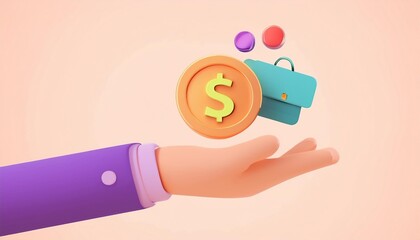 A 3D illustration of a hand holding a dollar coin, briefcase, and geometric shapes, signifying business and finance on a peach background.