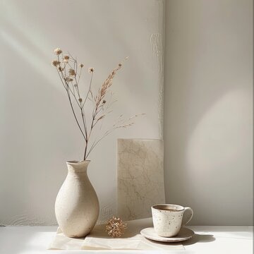 Fototapeta A minimalist boho vase with dry plants and coffee cup on the table, boho style of beige tones