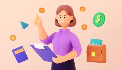Animated businesswoman holding a clipboard with business icons floating around. Concept of finance, success, and productivity.