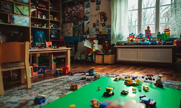 Playroom with Toys Scattered on the Floor
