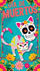 Obraz premium A decorated cat playfully poses beside a colorful sugar skull for Dia de Muertos