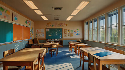 Fototapeta premium Image is a high-resolution photograph of a brightly lit classroom.