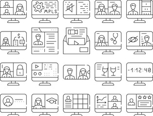 Video Conference Communication Icons Set Vector. Business Video Conference And Consultation With Doctor, Presentation And Remote Education Contour Illustrations