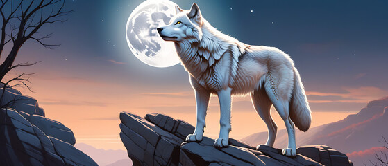 Digital illustration of a majestic white wolf standing on a rocky cliff, its head thrown back in a haunting howl under the luminous glow of the full moon. The illustration should capture the ethereal