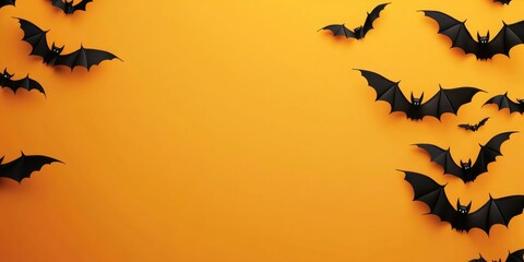 A group of black bats flying together on a vibrant orange background, a unique and striking visual
