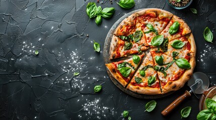 Italian pizza with basil and pizza cutter on a dark background seen from above