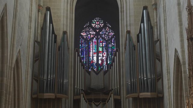 Ulm, Germany. Ulmer Munster gothic architectural style town church interior view. Ulm Minster Lutheran church located in Ulm tallest church in world interior. Ulm Cathedral. 