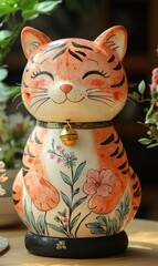 Smiling Ceramic Cat Figurine with Floral Patterns in Warm Light