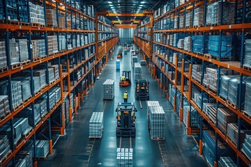 Busy Warehouse with Forklifts and Workers. Busy warehouse with forklifts moving pallets, shelves stacked with goods, and workers overseeing the operations.