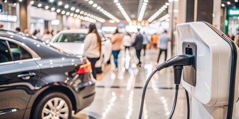 Obraz premium Electric Vehicle Charging Station at a Car Dealership. Close-up of an electric vehicle charging station with a blurred background of people browsing cars at a dealership.
