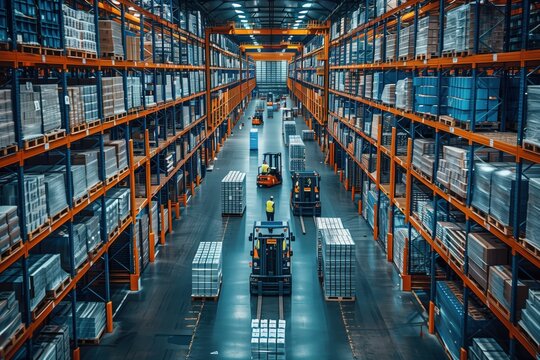 Busy Warehouse with Forklifts and Workers. Busy warehouse with forklifts moving pallets, shelves stacked with goods, and workers overseeing the operations.