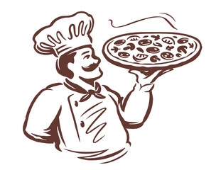Chef male cook holding pizza. Emblem or logo design. Hand drawn vector illustration for restaurant or diner menu