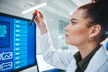 Blood, computer screen and science with woman in laboratory for development, innovation or research. DNA, pharmaceuticals and test tube with scientist at work on medical pathology or discovery