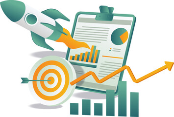 Obraz premium Image of a rocket with a target and a chart, representing strategic planning and achievement