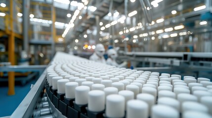Obraz premium White Cylindrical Containers on a Conveyor Belt in a Factory