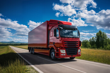 A red truck is driving on the road against the background of a summer landscape