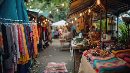 Naklejka premium Colorful market stall with hanging clothes and woven goods.