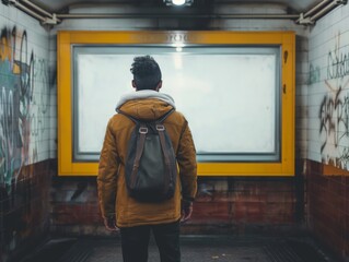 Fototapeta premium Man pasting a blank white poster mockup on a subway platform wall