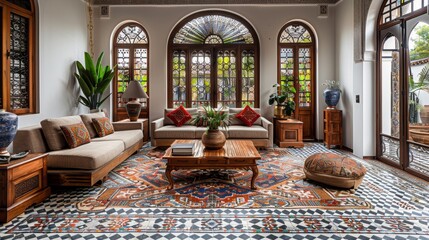 Background: A modern interior design featuring a grey sofa and Moroccan decor elements, creating a comfortable living room with luxurious light and architecture, perfect for a chic apartment or stylis