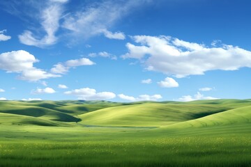 Obraz premium A beautiful summer or spring landscape with green grass on the hills and green fields. The blue sky is filled with white clouds and bright sunlight. Nature as a background.