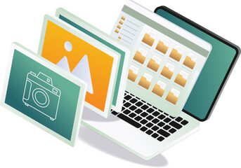 Laptop with camera, folder, and computer items on desk