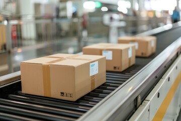 Cardboard Boxes on Conveyor Belt in Warehouse.
