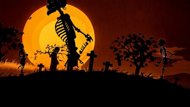 A scary night on the graveyard the skeletons are walking against the moon