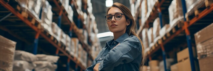 A female worker stands with focus and determination in a busy warehouse aisle, surrounded by stacks of packaged goods on shelves.