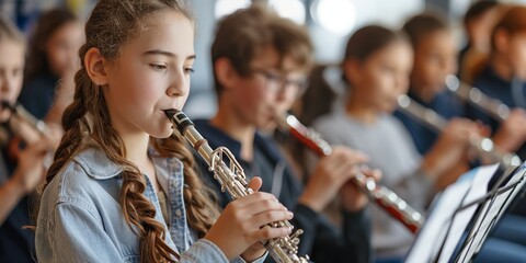 A girl is playing a flute in front of a group of children. The other children are also playing instruments. The scene is lively and energetic, with the children enjoying their music lesson