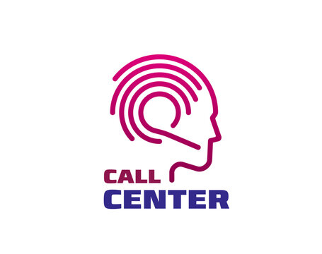 Call center, customer support service symbol of the assistant head profile with a headset in linear style. Isolated vector hotline help service emblem, communication and live interaction with clients
