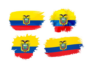 Creative clipart of watercolor style spots with Ecuadorian flag background and clipping mask. Set of tourist icons. Collection of grunge elements with flag of Ecuador. Isolated design. Cute concept.