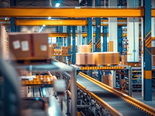 Fototapeta premium Conveyor belt in warehouse, boxes moving.