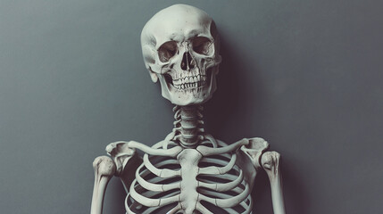 A skeleton is standing in front of a gray wall